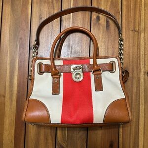 Michael Kors Tan and Red Mono Stripe Satchel
